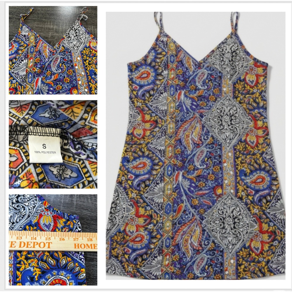 Paisley Print Sleeveless Mini Dress Blue Red Boho Summer Dress Size S